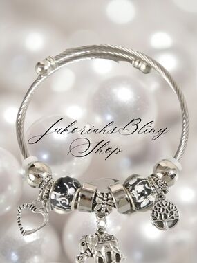 Silver Elephant Charm Bangle Bracelet with Black & Silver Beads